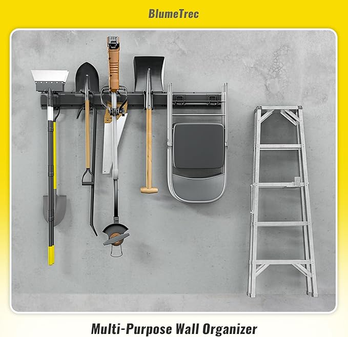 Garage Tool Organizer Wall Mount, 64" Heavy-Duty Metal Wall Organizer, 4 Rails with 8 Adjustable Hooks, Garden Storage Rack for Organization, Sturdy Tool Hanging Holder for Shovel Shed Yard