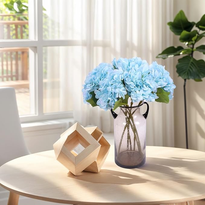 Kimura's Cabin 6pcs Blue Artificial Silk Flowers Fake Hydrangeas Flower with Stems Faux Hydrangea Bouquets for Home Wedding Party Table Core Decoration (Blue, Pack of 6)