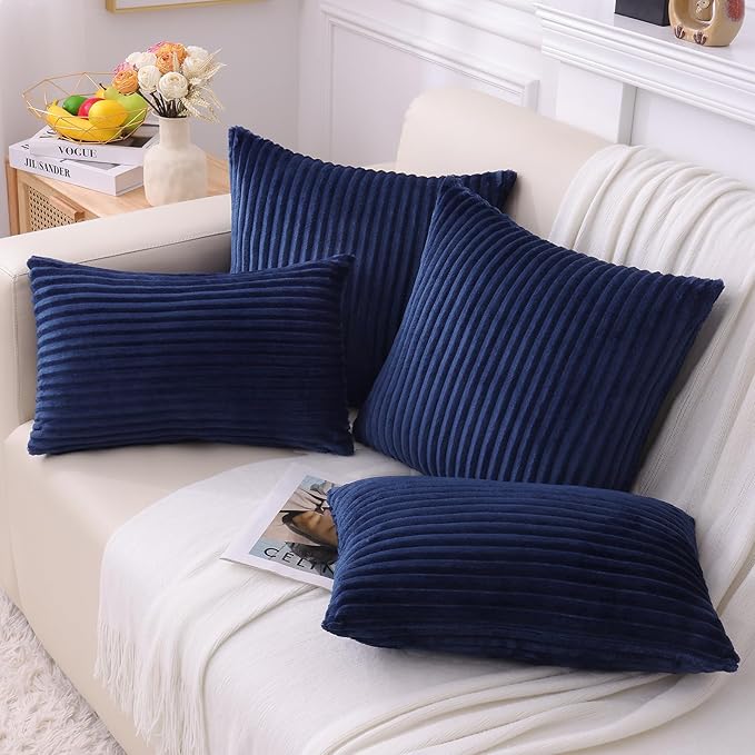 Simmore Decorative Christmas Throw Pillow Covers 16x16 Set of 2, Soft Natural Plush Flannel Double-Sided Fluffy Couch Pillow Covers for Sofa Living Room, Navy Blue