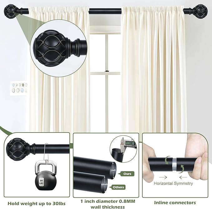Black Curtain Rods for Windows:Farmhouse Boho Decorative Curtain Rod for Bedroom Living Room,Heavy Duty Adjustable Rustic Drapery Rods Set with Vintage Coastal Texture Finial,Matte Black 72-144"