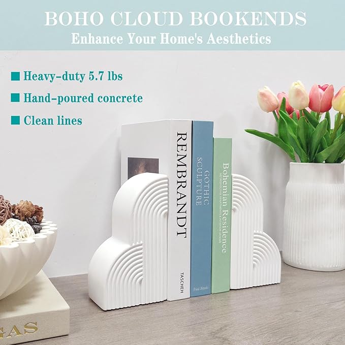 Decorative Book Ends for Heavy Books - Concrete Clound Aesthetic Bookends - Set of 2 Boho Book Stopper for Modern Home Office Bookshelf Decor (Concrete-White)