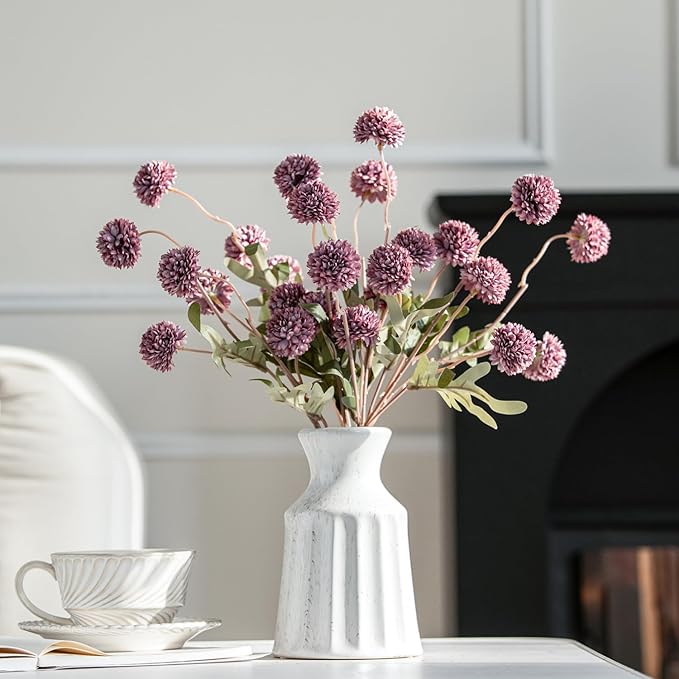 Laelfe Artificial Kiku Flower - 5 Pcs Fake Pompon Mums Silk Small Chrysanthemum Faux Ball Fall Flower Stem Decor for Autumn Wedding Filler DIY Bouquet Centerpieces Arrangements Shower (Grey Purple)
