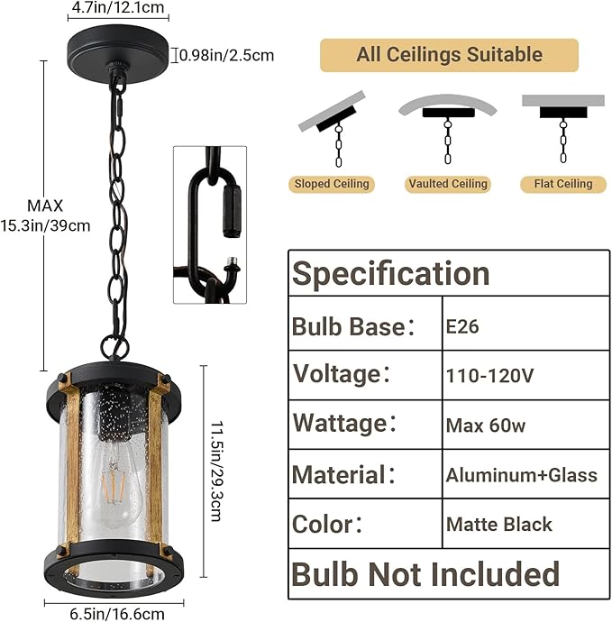 LOUSACE Farmhouse Outdoor Pendant Light for Porch, 1-Light Outdoor Chandelier Matte Black Aluminum with Clear Seeded Glass & Wood Grain, Exterior Hanging Pendant Porch Light Fixtures for Entrance, ETL