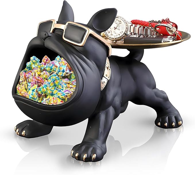 Resin French Bulldog Tray Statue, Bulldog Candy Dish Key Holder Bowl, French Bulldog Accessories, Statues for Office Desk Home Decor Figurines Entryway Table Decor (Black)