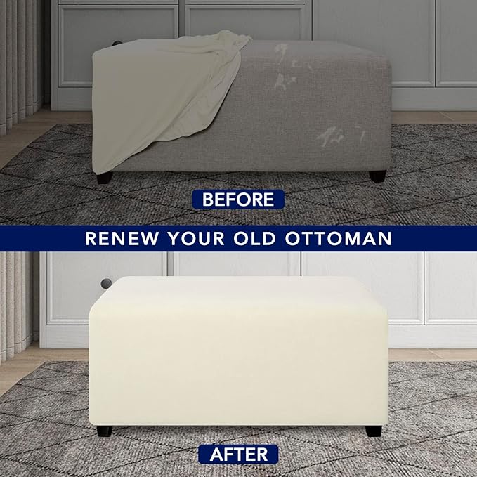 PureFit Super Stretch Soft FormFit Ottoman Cover Rectangle - Ottoman Slipcovers for Foot Stool & Folding Storage Furniture for Living Room with Nonslip Elastic Bottom (Large, Ivory)