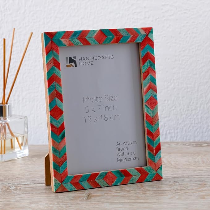 Handicrafts Home Chevron Mosaic Picture Frame 5x7– Handmade Bone Inlay Photo Frame for Tabletop & Wall Decor, Holiday Home Decor, Farmhouse Frame, Colorful Desk & Shelf Decor- Green Red Picture Frame