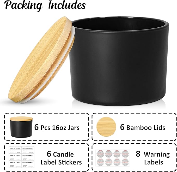 16oz Candle Jars 6 Pack, 3 Wick Matt Black Glass Empty Candle Jars with Bamboo Lids for Candle Making, Large Wide Mouth Candle Container Bulk for 12/13/14/15oz Candles, with Stickers and Label