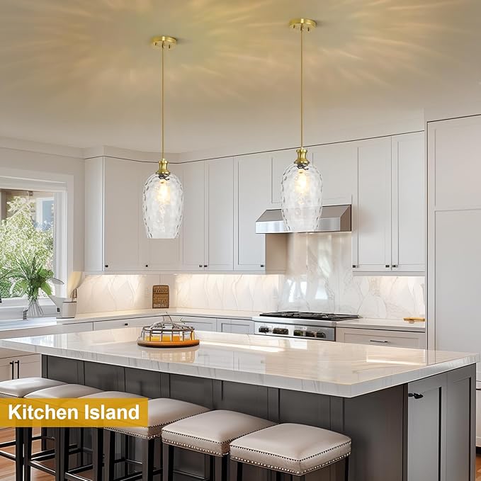 Glass Pendant Lights Kitchen Island, Large Size 7.1in Gold Pendant Light Fixtures with Hammered Clear Glass for Kitchen Over Sink Dining Room Bedroom, E26