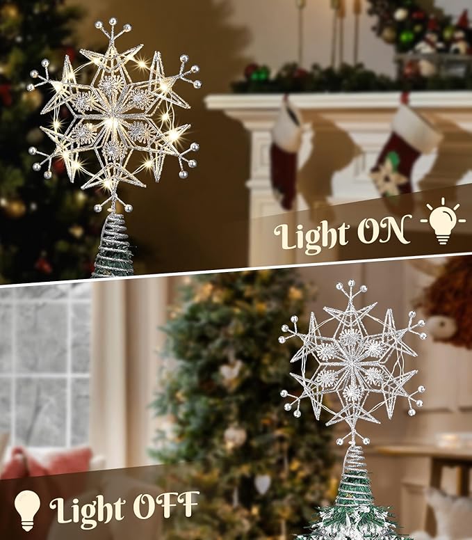 Luxspire Christmas Tree Topper, 9.5" Snowflake Metal Christmas Decorations Lights, Lighted Tree Topper with USB Plug in & Remote Control, Light Up Xmas Trees Vintage Modern Ornaments for Home Party