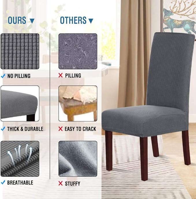 H.VERSAILTEX Stretch Dining Chair Covers Set of 4 Chair Covers for Dining Room Parsons Chair Slipcover Chair Protectors Covers Dining, Feature Textured Checked Jacquard Fabric, Gray