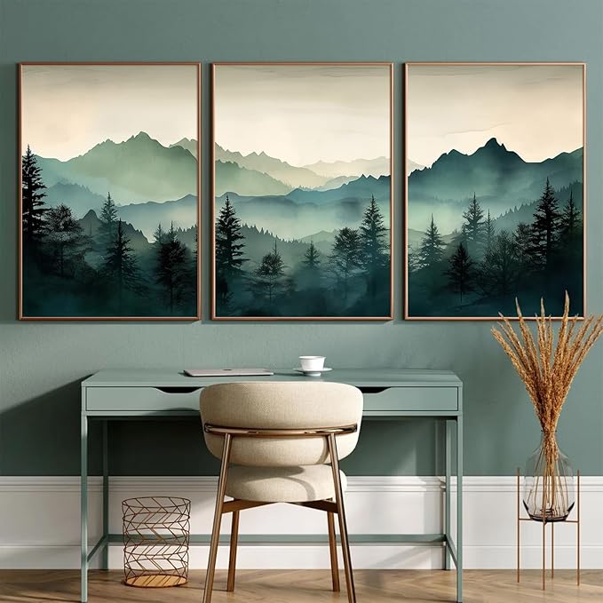 Mountain Wall Art Decor Set of 3 Sage Green Forest Canvas Wall Art Prints Nature Landscape Wall Decor Watercolor Pine Tree Pictures Abstract Modern Painting for Living Room Bedroom 24x36 Inch Unframed