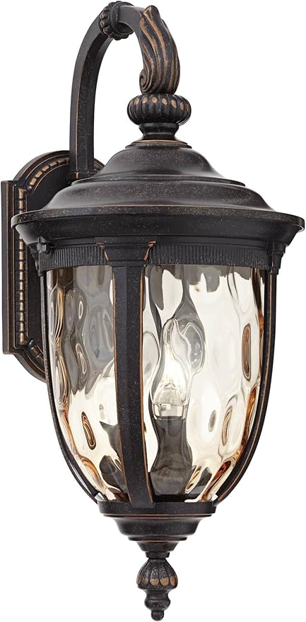 John Timberland Bellagio Vintage Outdoor Wall Light Fixture Bronze Brown Metal 20 1/2" Champagne Hammered Glass Curved Arm for House Porch Patio Outside Deck Garage Yard Front Door Garden Home