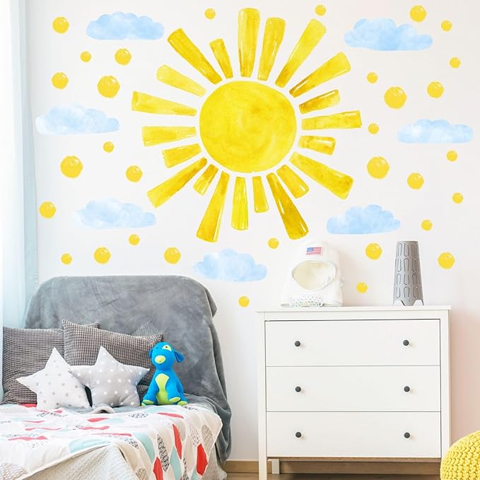 Large Sun Wall Decals Cloud Polka Dots Wall Stickers for Girls Room, 12 Sheets Watercolor Sun Wall Decor Stickers Cute Cloud Wallpaper Delicate Decorations for Kids Room Bedroom