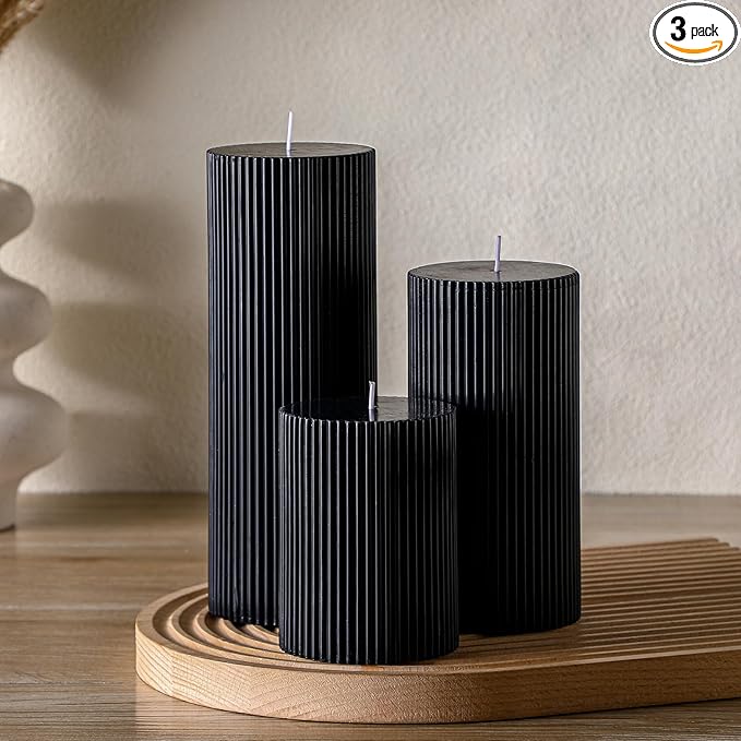 Ribbed Pillar Candles Set of 3, Width 3" High 4" 6" 8" Large Soy Wax Orchids Scented Pillar Candles Aesthetic Ribbed Modern Home Decor for Bathroom Living Room(Black)