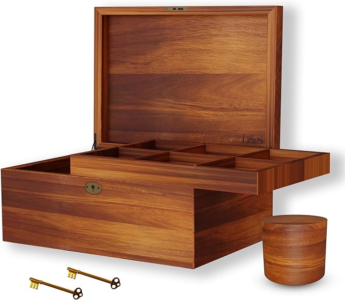 LUSH & STYLE Acacia Wooden Box, Keepsake With Hinged lid and locking key, Decorative, Memory, Wooden Storage Boxes, Customizable Design With Adjustable Tray,keepsake trunk(Divider Model) Large