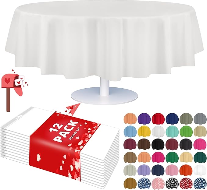 Grandipity Brand Round White Plastic 84" Disposable Tablecloth (12 Pack), Party & Event Decorative Cover