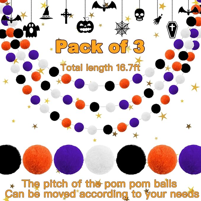 Halloween Pom Pom Garland Halloween Decorations 3pk Orange Purple Black White Felt Ball Garland Cute Hanging Decor for Room Home Office Classroom Wall, Fall Wedding Birthday Party Decorations Supplies