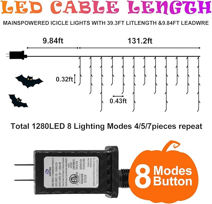 131FT 1280LED Halloween Lights Decoration，Orange Purple Led String Lights Outdoor with 240 Drops，8 Lighting Modes，Timer Memory Function for Halloween Night Party Fence Yard Roof Decor
