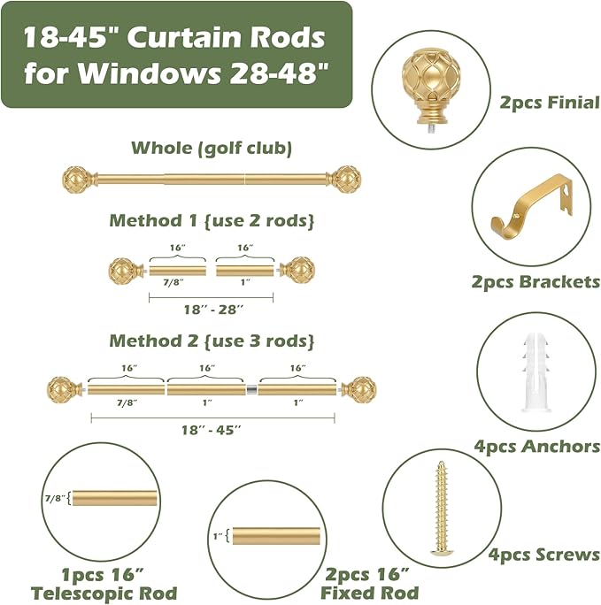 Gold Curtain Rods for Windows:Farmhouse Boho Decorative Curtain Rod for Bedroom Living Room,Heavy Duty Adjustable Rustic Drapery Rods Set with Vintage Coastal Texture Finials,Brass Gold 18-45"