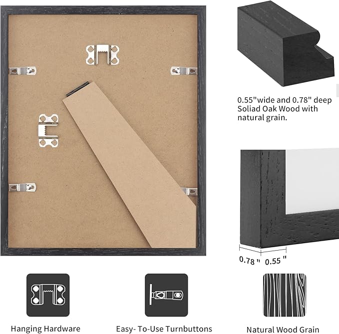puthiac 8x10 Black Oak Wood Picture Frame -8"x10" Frame Wood, 8"x10" Natural Solid Wood Poster Frames for Wall Art Photo and Prints (3 Pack, Black)
