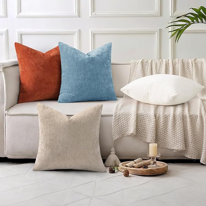decorUhome Chenille Grey Blue Throw Pillow Covers 12x20 Inch Set of 2, Decorative Soft Couch Pillow Covers Solid Dyed Accent Farmhouse Neutral Rectangle Pillow Cases for Sofa Bed Living Room