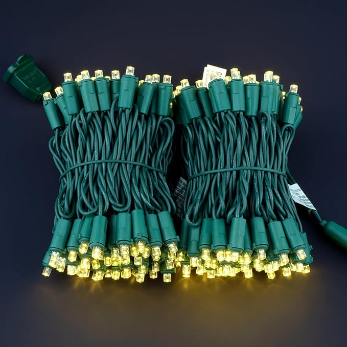 Warm White Wide Angle Christmas Lights, Pack of 2 Sets 25 Ft 100 LED Green Wire 5mm UL Certified Commercial Grade Holiday String Light