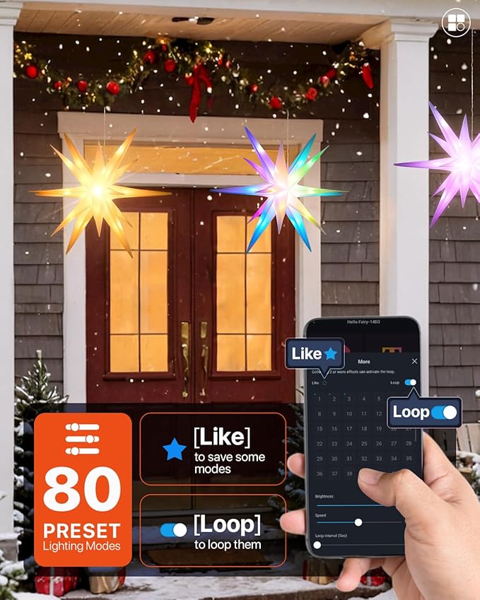 17" Lighted Moravian Star, Moravian Star Tree Topper, Foldable Christmas Topper Star with USB-A Port, DIY Colour Changing with Smart App, Music Sync, Timer, Christmas Hanging Lighted Stars