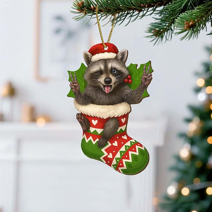 2 Side Printed Flat Christmas Wooden Ornaments, Animal Keepsake Hanging Tree Decoration, Sock Raccoon Ornament