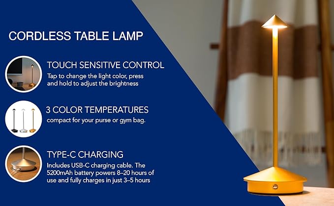 Modern Cordless LED Table Lamps Set of 2 – Rechargeable 5200 mAh Battery, Touch Dimming, 3 Color Modes, Compatible USB-C Charging | Stylish Portable Lamps for Bedroom, Living Room, Nightstand (Gold)