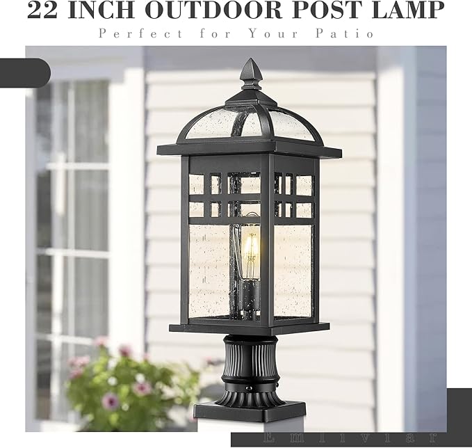Emliviar 22" Outdoor Post Light, Large Exterior Post Lamp for Garden Backyard, Die-cast Aluminum with Seeded Glass, Black Finish, DE281P-M BK
