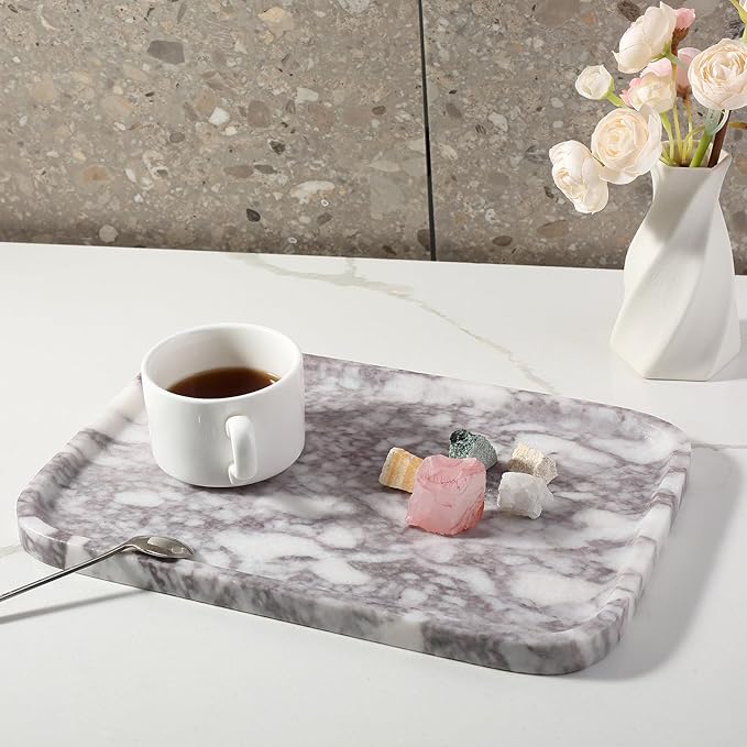 Luxury Marble Vanity Tray, Bathroom Tray Countertop, Calacatta Marble/Stone, Home Decorative Dresser Organizer, Storage for Kitchen Sink, Perfume Jewelry Holder(Purple&White)