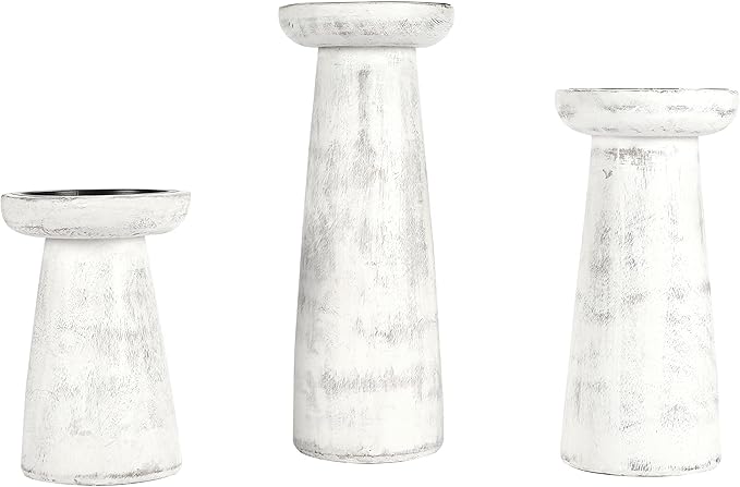 Hand Crafted Wooden Pillar Candle Holder Set of 3, Ideal for LED and Pillar Candle, Gift for Wedding, Christmas, Party, Home, Spa, Reiki, Aromatherapy,Votive Candle Gardens, 10,8,6 Inch, Antique White