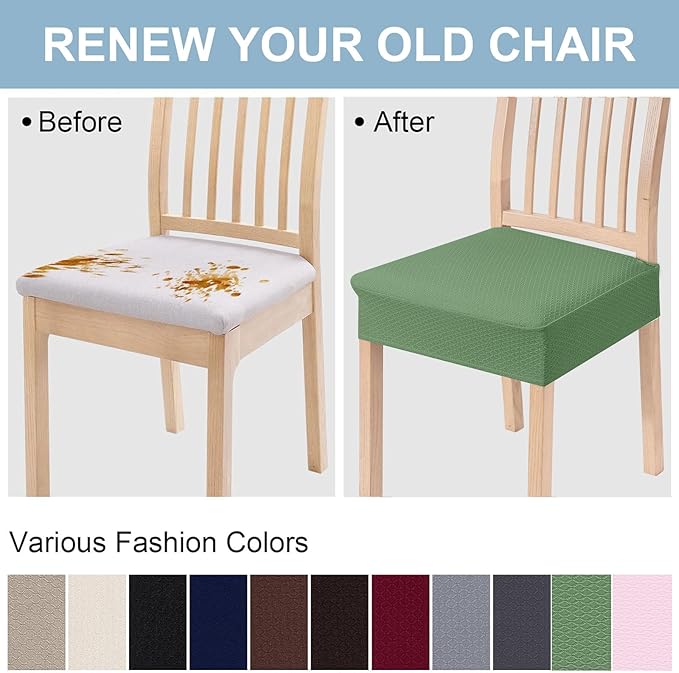 Smiry Stretch Jacquard Seat Covers for Dining Room Chairs Set of 6, Removable Washable Chair Seat Protector Slipcovers, No Rear Covers, Green