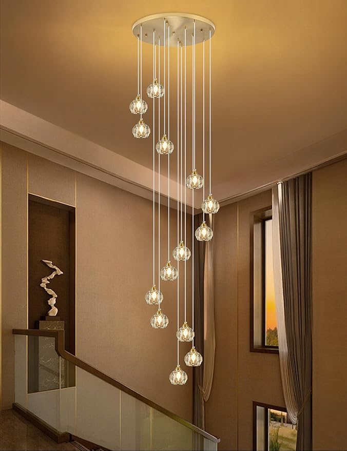 Crystal Chandeliers for Staircases, 14-Light Gold Modern Chandeliers for High Ceilings，Crystal Pendant Light Fixture for Living Room Kitchen Island Foyer Hallway Bar