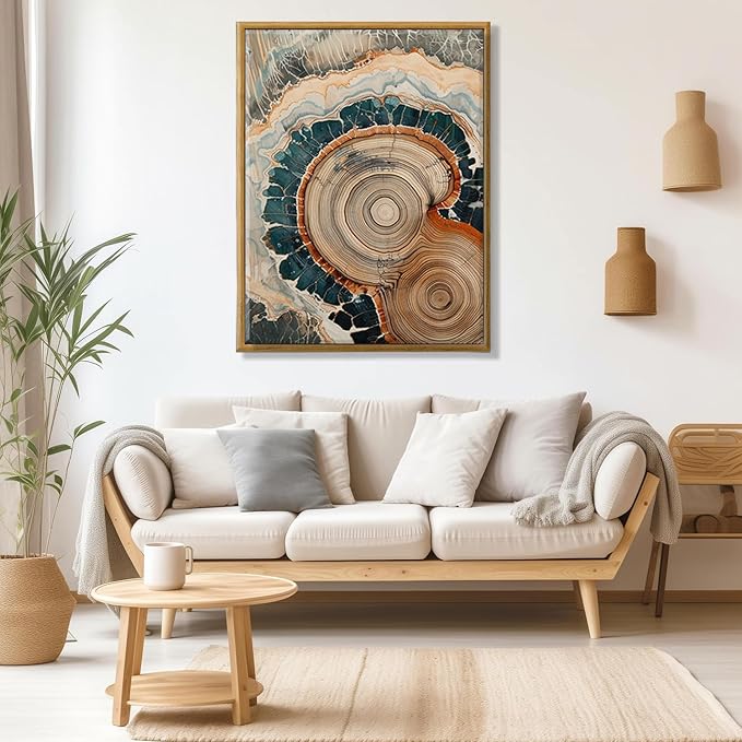 IBHJSART Framed Tree Ring Canvas Wall Art Vintage Colorful Wood Stump Painting Prints Modern Minimalist Pictures Neutral Nature Rustic Farmhouse Decor Living Room Bedroom Bathroom Office
