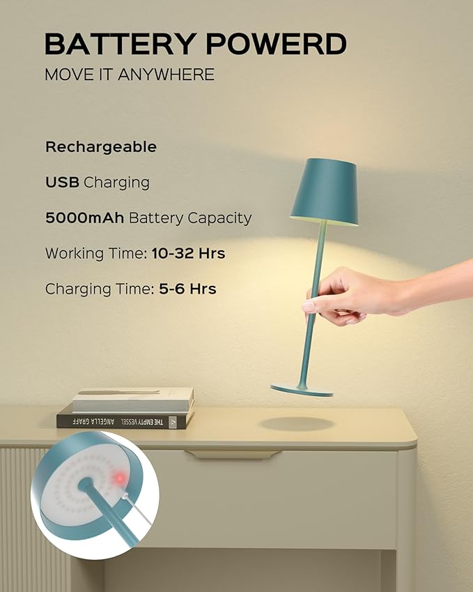 Cordless Table Lamps Rechargeable, 3 Adjustable Height, 5000mAh Battery Operated, 3 Colors Smooth Dimming, Portable LED Waterproof Table Lamp for Kitchen, Bedroom, Outdoor (2 Pack-Lake Blue)