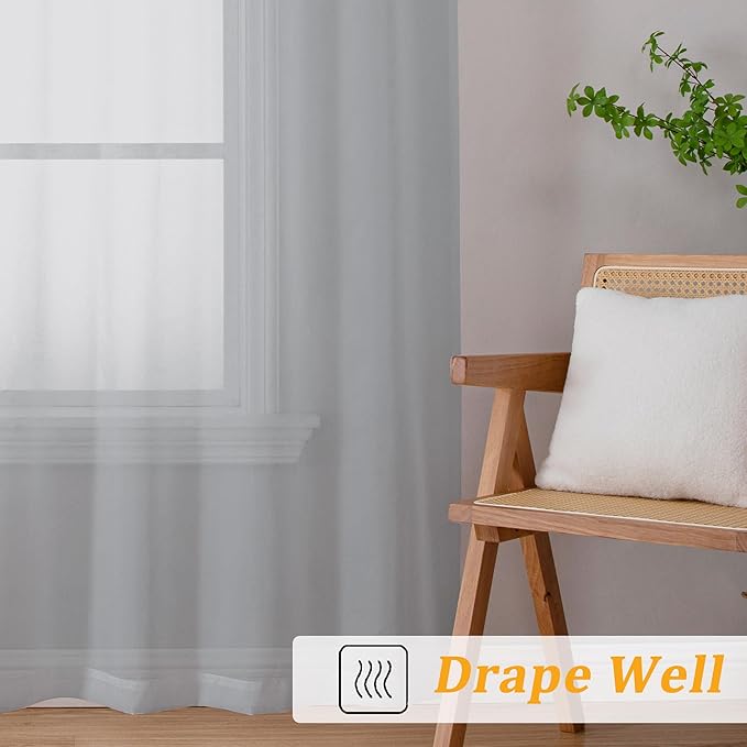 Gwine Light Grey Sheer Curtains for Bedroom 54 inches Long 2 Panels, Light Filtering Voile Rod Pocket Curtains, Airy Transparent Sheer Drapes for Living Room, Each 42" Wx54 L
