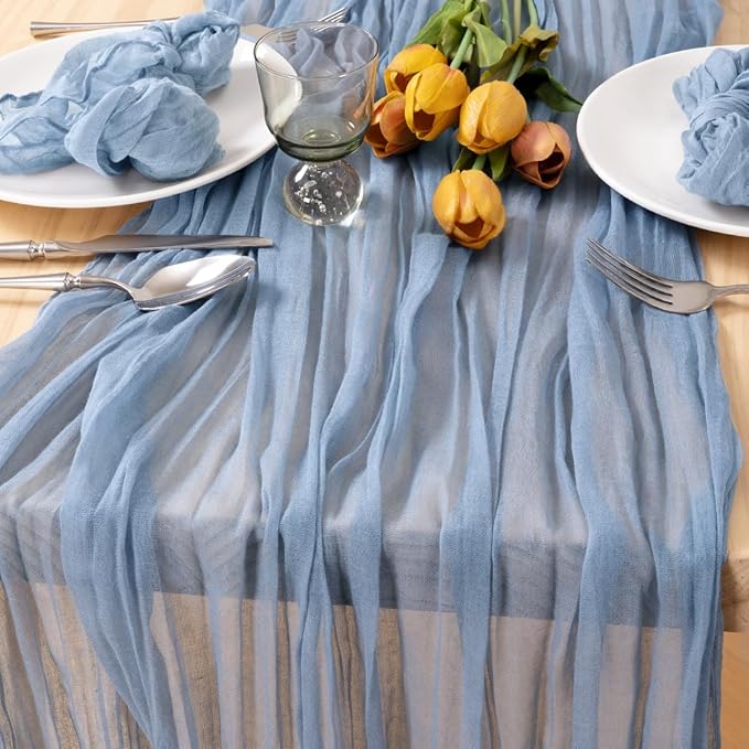 MLMC 12 Pack Dusty Blue Table Runner 10ft Boho Gauze Cheesecloth Valentines Table Runner 35x120 Inches Rustic Cheese Cloth Centerpiece for Wedding Bridal Shower Baby Shower Party Decor