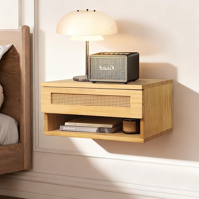 Floating Nightstand, Wall Mounted Rattan Bedside Bedroom with Drawer Nightstand, Small Floating Shelves, Floating Wood Bedside Table for Living Room Bathroom Natural 16”x 10”x 8”