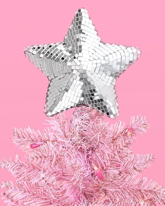 xo, Fetti Silver Disco Star Tree Topper, 8 in. | Christmas Tree Angel, Groovy Xmas Decorations, Holiday Party Decor, Fun Winter Gift, Metallic Stocking Stuffer