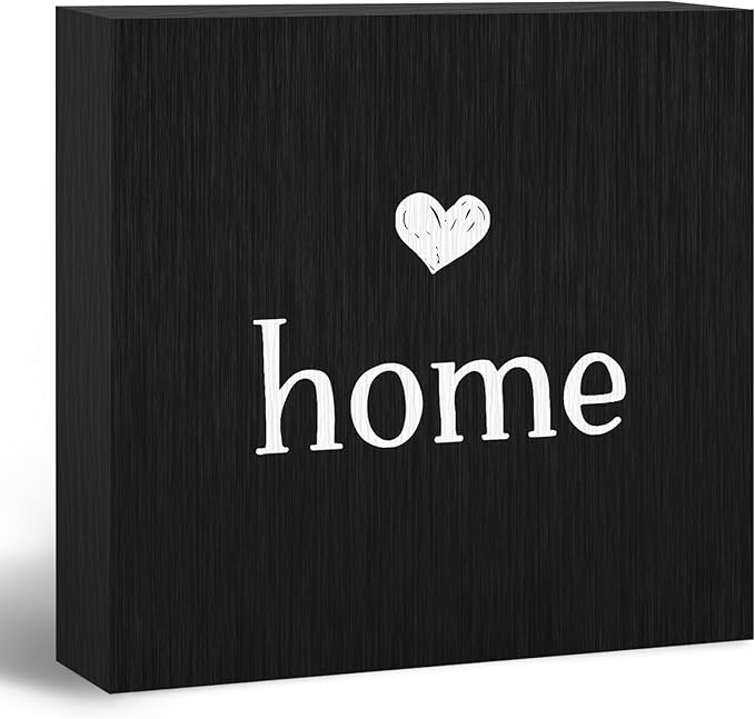 Home Sign, Home Signs for House Decor, Welcome Sign, Rustic Farmhouse Desk Decor Wood Block Box Plaque for Living Room Wall Shelf, Housewarming Gifts (Black)