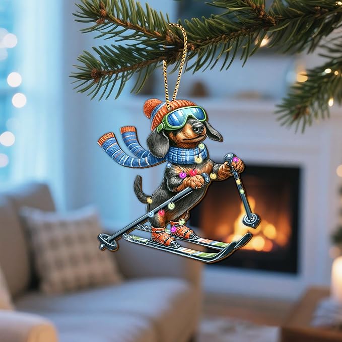 34HD Dachshund Christmas Ornament 2025 – Wooden Hanging Xmas Tree Ornament Decoration, Funny Cute Ski Christmas Keepsake Gift and Home Decor for Dog Lovers and Wiener Fans
