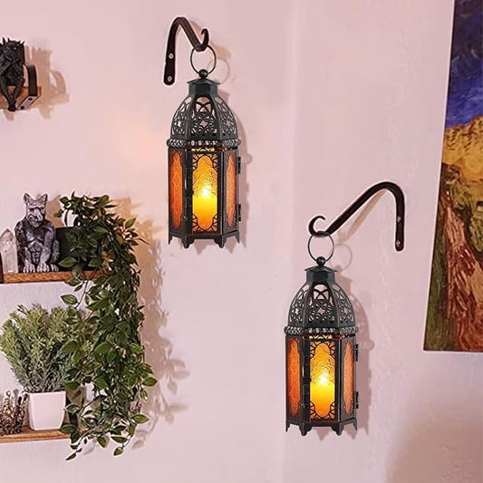 DECORKEY Moroccan Lanterns Decorative Indoor & Outdoor, 11’’ Medium Size Vintage Metal Hanging&Tabletop Candle Holder Decor, Halloween Christmas Ramadan Decorations for Home Porch Patio (Amber)