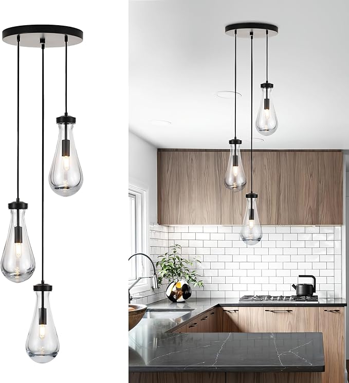 3-Light Raindrop Pendant Light Fixtures, Black Glass Pendant Lighting, Teardrops Modern Hanging Light for Entryway Foyer Kitchen Island Dining Living Room Hallway
