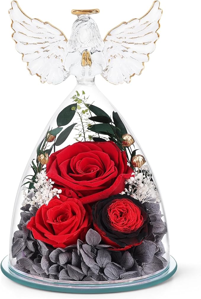 FIACO Gifts for Women Preserved Rose Forever Flower in Glass Angel Figurine Fresh Flowers for Delivery Mothers Day Birthday Gifts for Mom Grandma Wife Sister Red