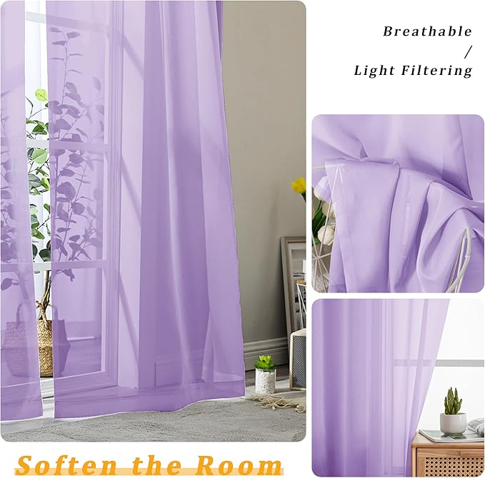 Gwine Lilac Sheer Curtains 84 Inches Long 2 Panels Set for Living Room, Rod Pocket Voile Lightweight Bedroom Curtains, Light Filtering Solid Window Sheer Panels, Each 42" Wx84 L
