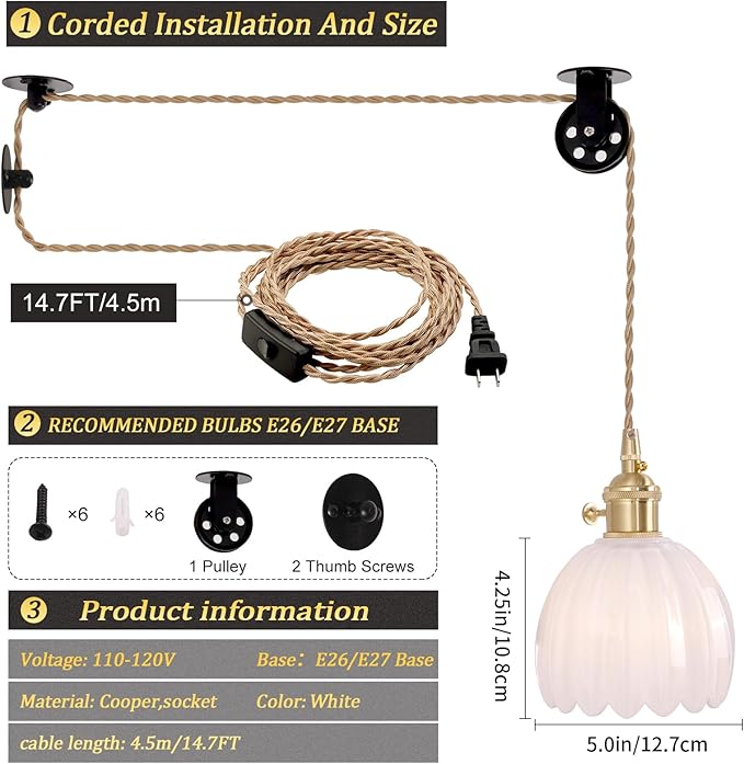 Plug in Pendant Light Hanging Light Fixture Corded On/Off Switch Brass Pendant Light with White Tulip Glass Lampshade for Bedroom Living Room Kitchen Island