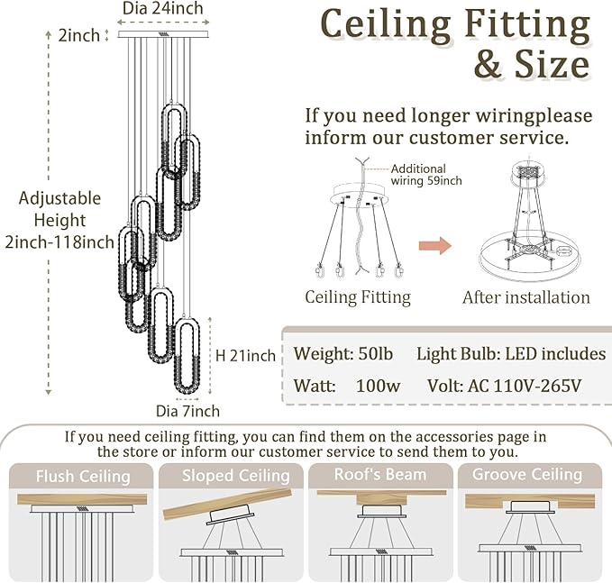 8 Rings Crystal Chandelier,H118 Modern Gold Pendant Light Luxury Foyer Lighting Fixture High Ceiling Chandelier for Entryway,Staircase,Living Room,Villa LED Dimmable 2700K-6000K