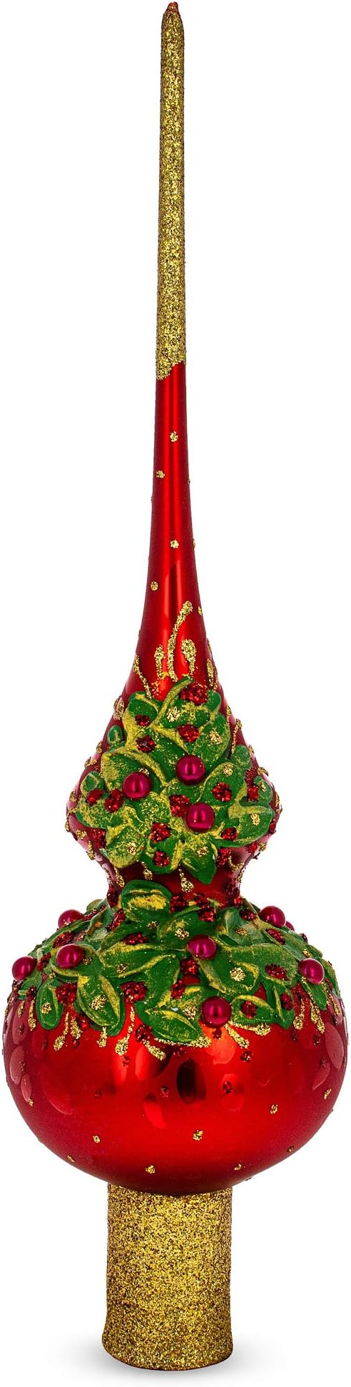 Red Pearls and Poinsettia Flowers on Glossy Red Glass Christmas Tree Topper 11 Inches