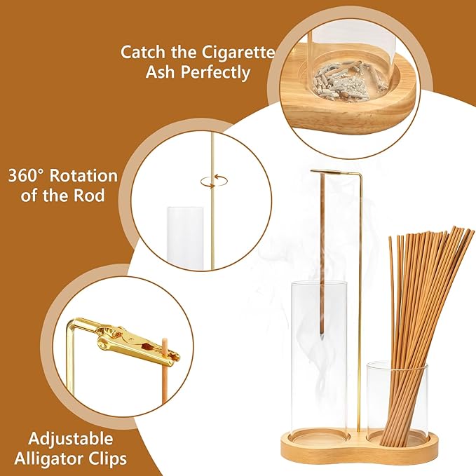 Glass Incense Holder, 2 in 1 Incense Holder for Sticks, Anti-Ash Flying Incense Burne with Ash Catcher Incense Sticks Organizer Wood Glass Incenses Stick Holder for Meditation Yoga Home Decor
